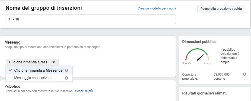 Visuale del Business Manager al livello del gruppo di inserzioni.